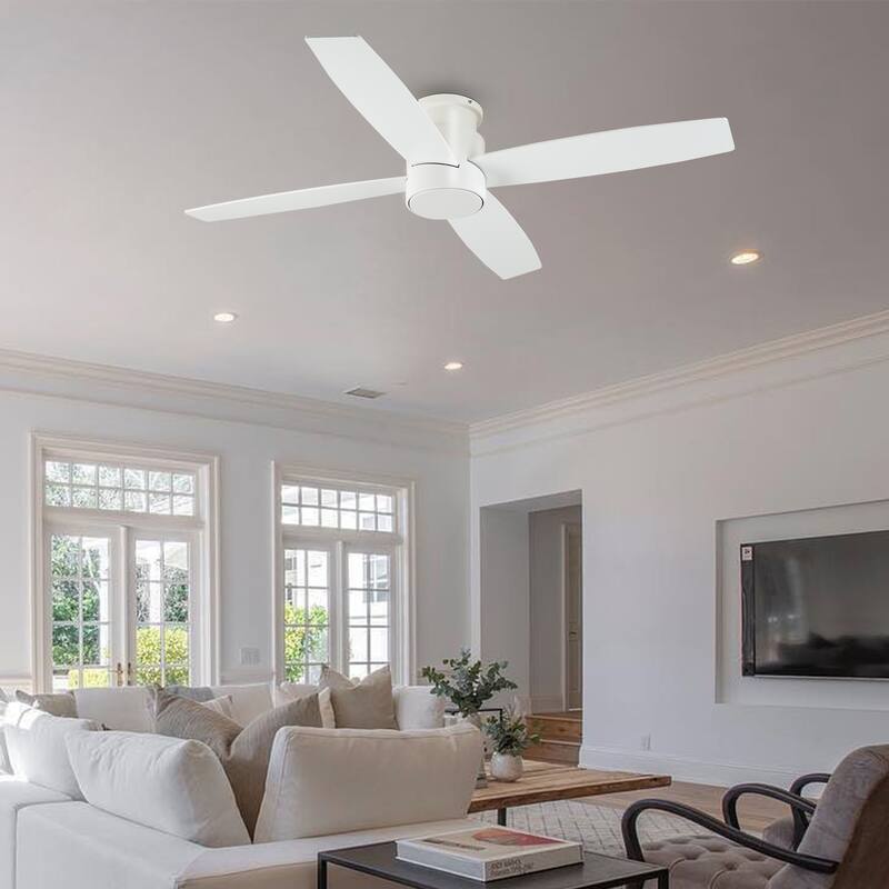 WINGBO 44" and 52" Flush Mount DC Ceiling Fan without Lights, 4 Reversible Blades - 52 inch - White/Oak