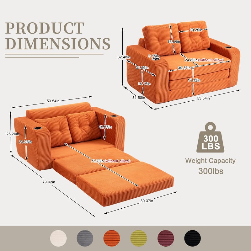 Convertible Sofa Bed, Expandable double Sofa Bed, 2 in 1 Convertible Sofa Bed, Fold Out Floor Couch with Pillows