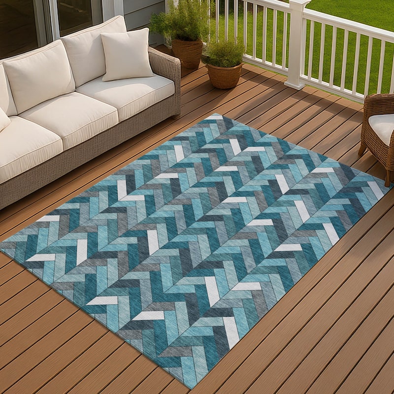 Machine Washable Indoor/ Outdoor Modern Chevron Chantille Rug - Teal - 10' x 14'