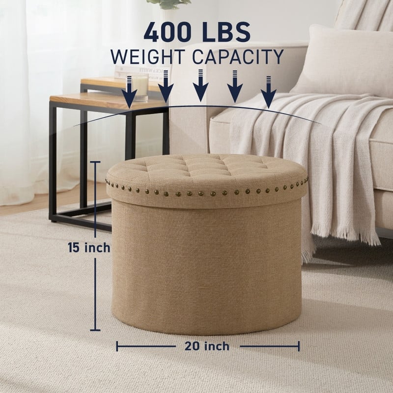 Ornavo Home Decor Large 20" Round Collapsible Storage Ottoman with Nailhead Trim for Living Room and Bedroom