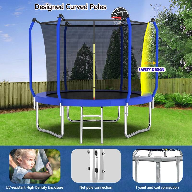 Outdoor Trampoline with Safety Net, Basketball Hoop & Ladder