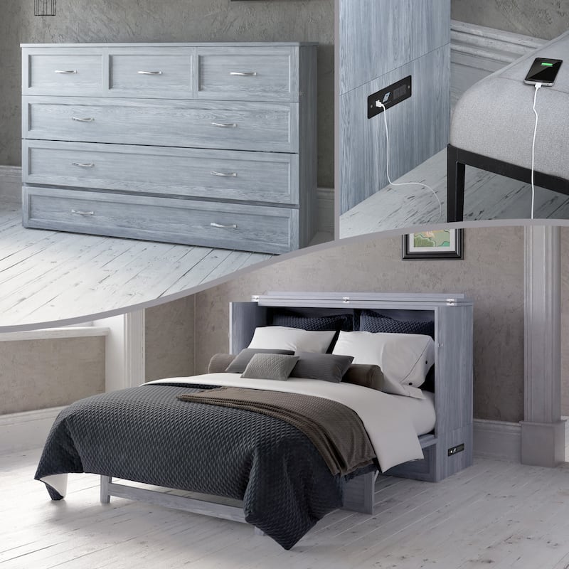 Deerfield Queen Murphy Bed Chest with 6" Mattress, Storage Drawer & Built-In Charger in Driftwood