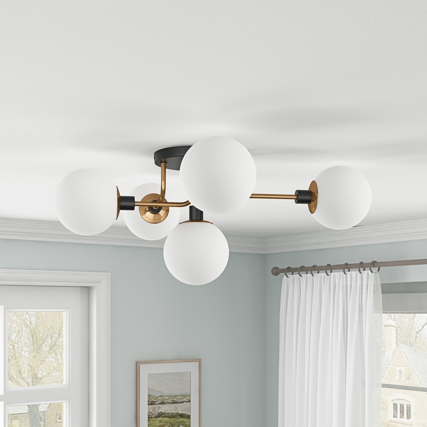 Matte Black 5-Light Semi Flush Mount Close to Ceiling Light with White Glass Shades