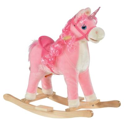 Pink Plush Ride-On Unicorn Rocking Horse for Kids Ages 3-6 Interactive Sound and Movement Wooden Steel Frame