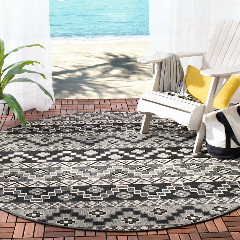SAFAVIEH Veranda Rudy Indoor/ Outdoor Waterproof Patio Backyard Rug - 6'7" Round - Black/Beige