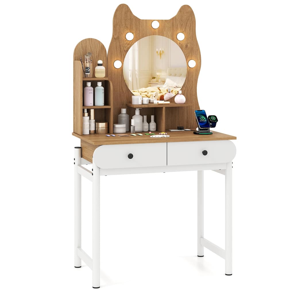Gymax Small Vanity Desk w/ Mirror & Lights Cute Kitty Makeup Table