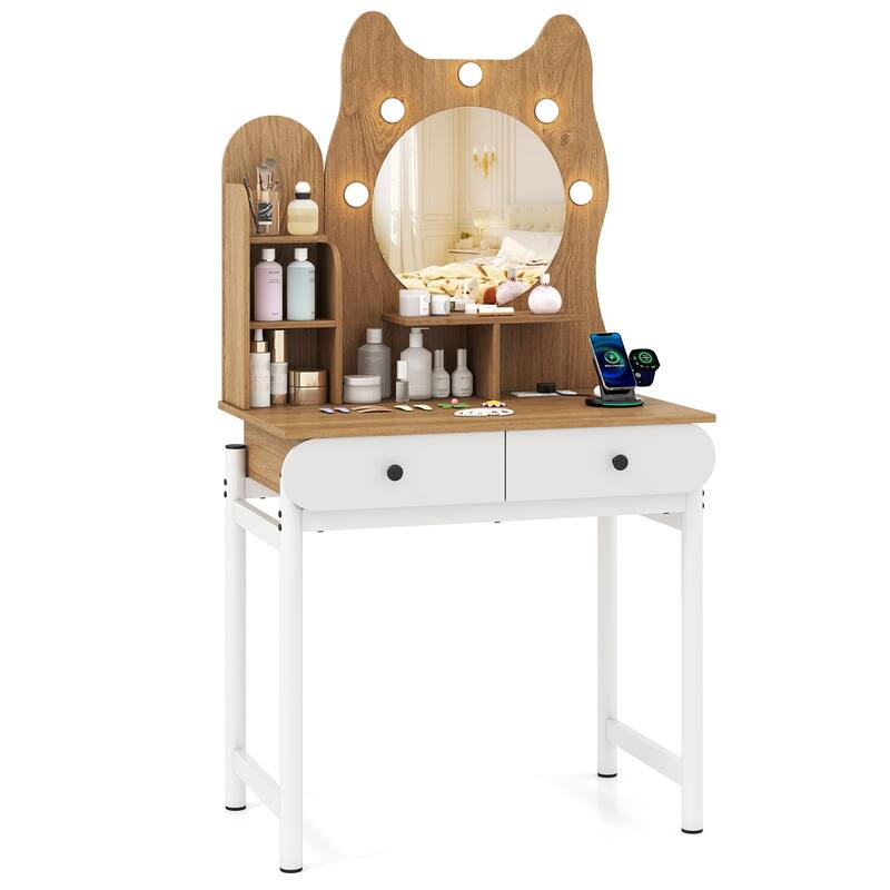 Gymax Small Vanity Desk w/ Mirror & Lights Cute Kitty Makeup Table - Natural