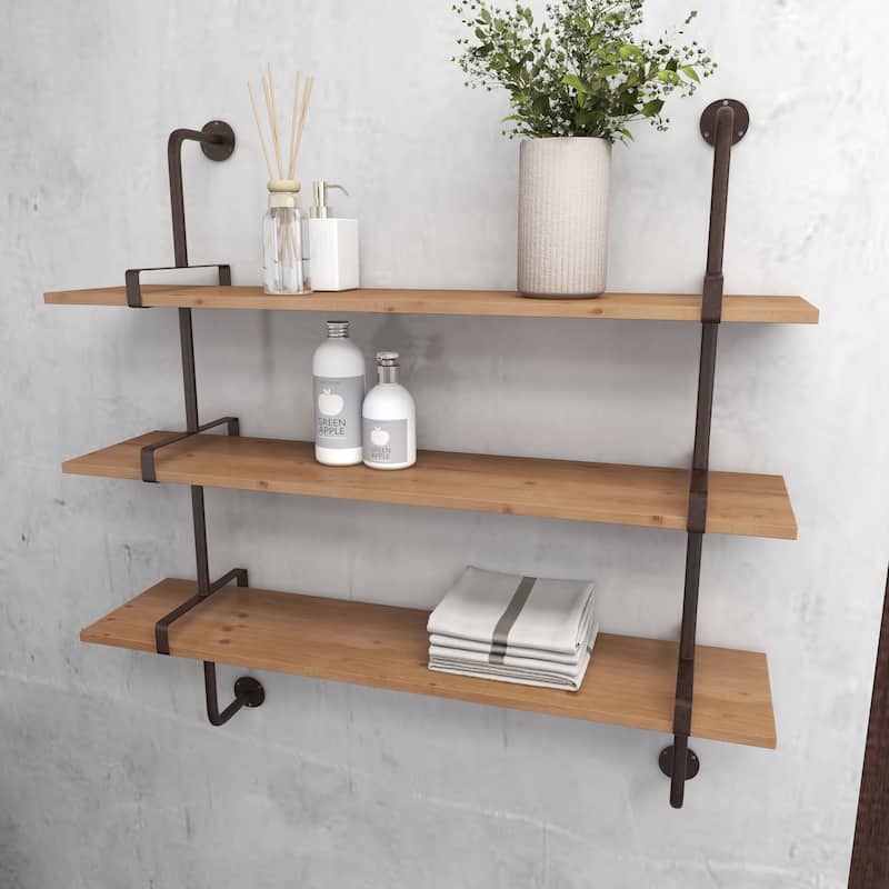 3 Level Wood Wall Shelf with Black Metal Brackets - Brown or Gray