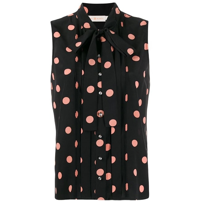 pink and black polka dot blouse