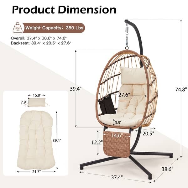 dimension image slide 0 of 6, EROMMY Hanging Egg Chair with Stand, Foldable Indoor/Outdoor Swing Chair includes Cushion and Pillow, Patio Wicker Swing