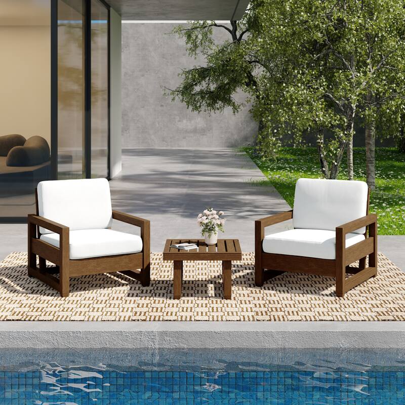 3-Piece Teak Wood Chair Outdoor Patio Conversation Set with Table - Natural Wood - Beige