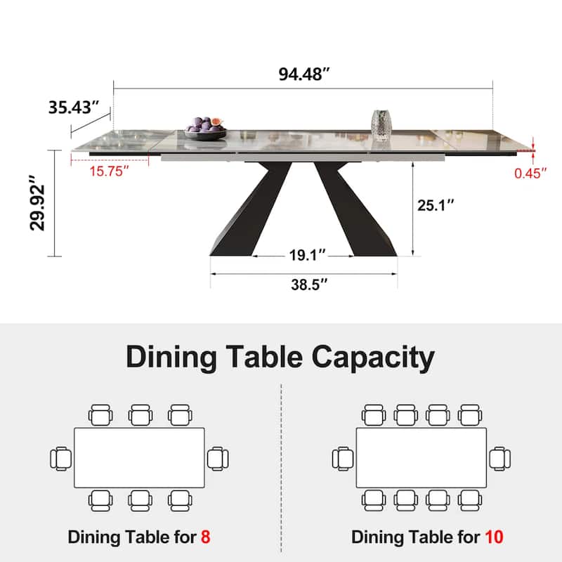 63'' to 94.5” Extendable Dining Table For 8-10 with Sintered Stone Table top and Metal Base - 94.48"