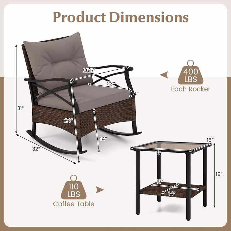 3 PCS Outdoor Rocking Chair Set Cushioned Rocker Chair w/ Side Table