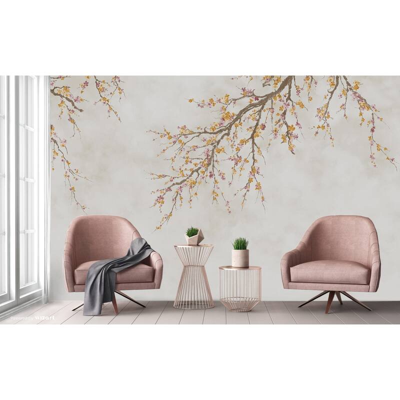 Elegant Cherry Blossom Branch Wallpaper Mural – Minimalist Floral Design for Serene Interiors