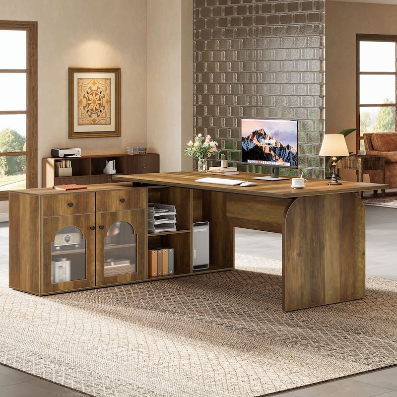 L Shaped Desk, 71-Inch Executive Office Desk with File Cabinet