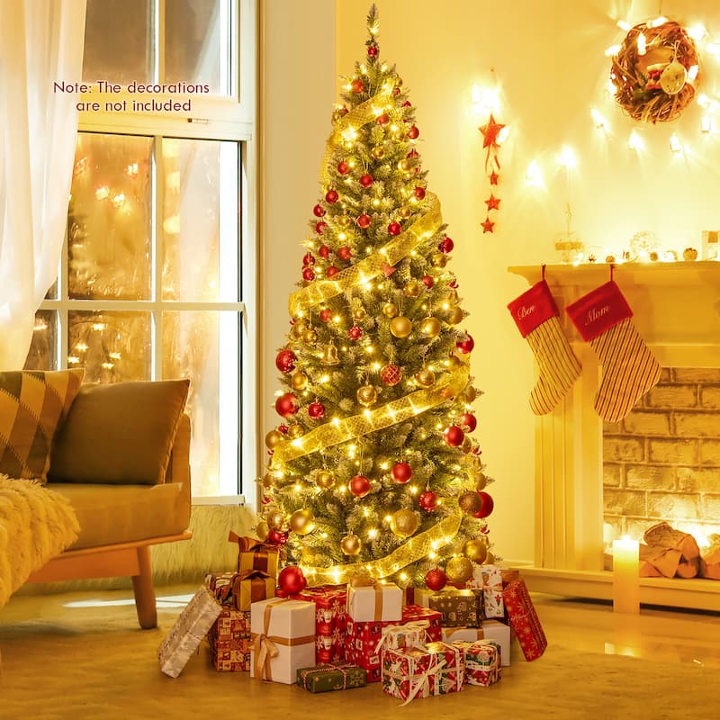 Gymax 6 FT Pre-Lit Artificial Christmas Tree Hinged Slim Pencil Xmas