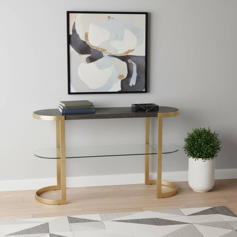 HomeRoots 49" Gray and Gold Solid Wood Oval Sled Console Table With Storage - 49.00 in. x 29.75 in. x 16.50 in. - Gray