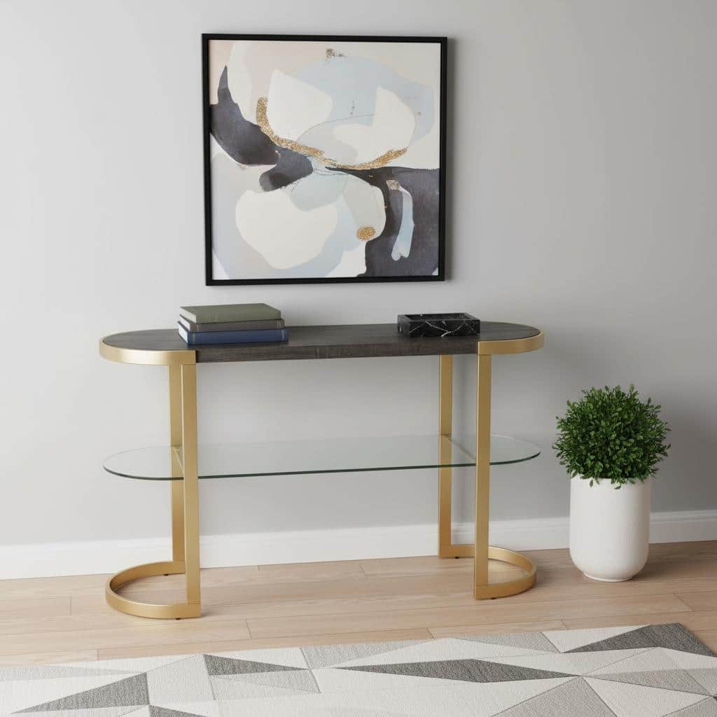 HomeRoots 49" Gray and Gold Solid Wood Oval Sled Console Table With Storage - 49.00 in. x 29.75 in. x 16.50 in.