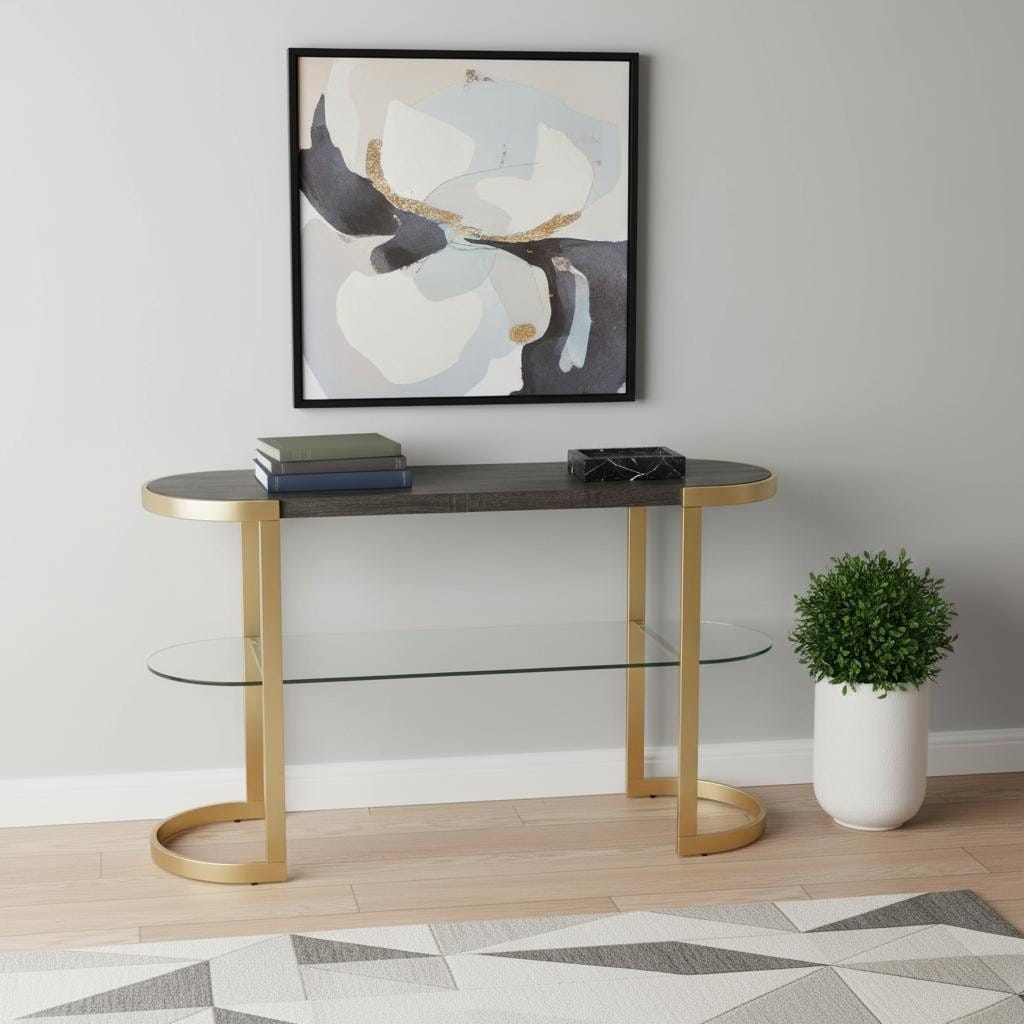 HomeRoots 49" Gray and Gold Solid Wood Oval Sled Console Table With Storage - 49.00 in. x 29.75 in. x 16.50 in.