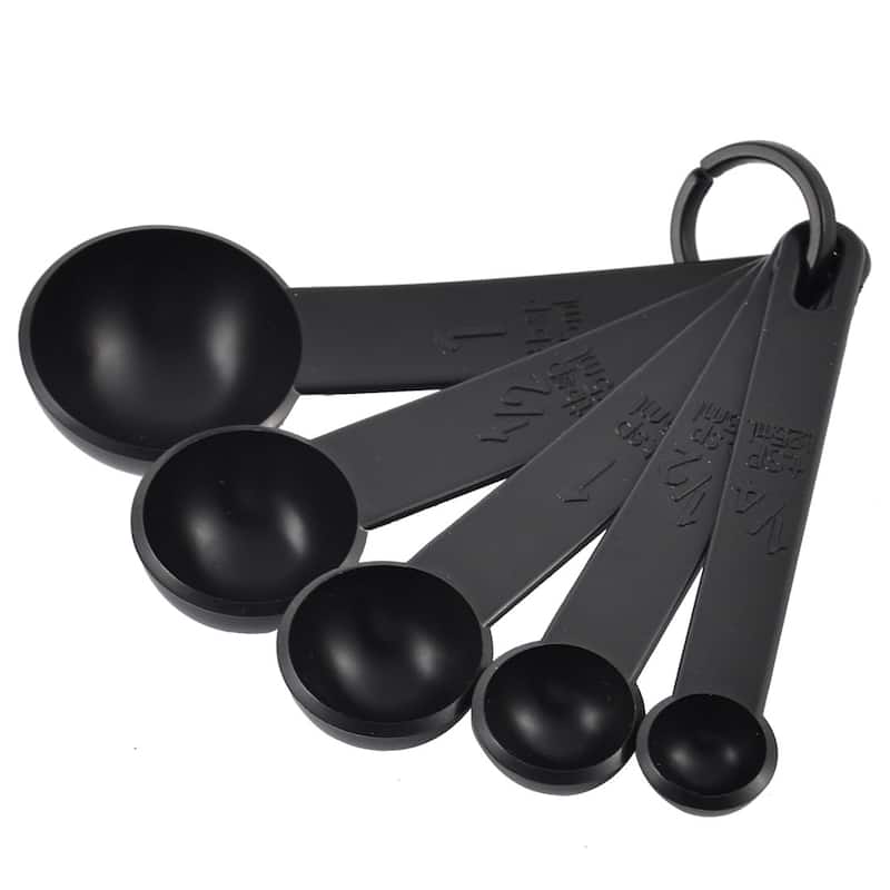 Plastic Round Shaped Powder Liquid Measuring Spoons Scoop Black 5 in 1 - 4.7" x 1.6" x 0.8"(L*D*H)