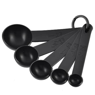 Plastic Round Shaped Powder Liquid Measuring Spoons Scoop Black 5 in 1 - 4.7" x 1.6" x 0.8"(L*D*H)
