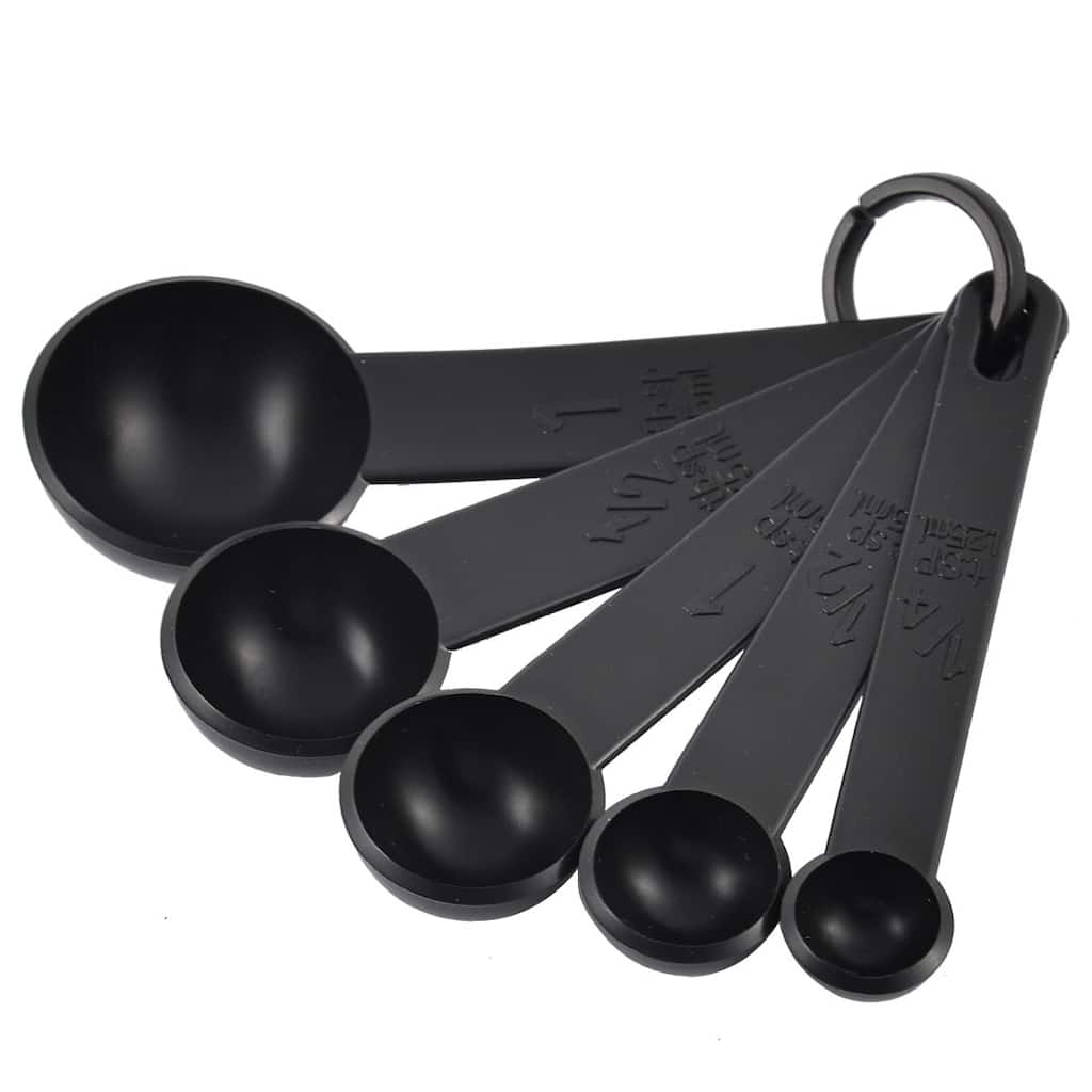 Plastic Round Shaped Powder Liquid Measuring Spoons Scoop Black 5 in 1 - 4.7" x 1.6" x 0.8"(L*D*H)