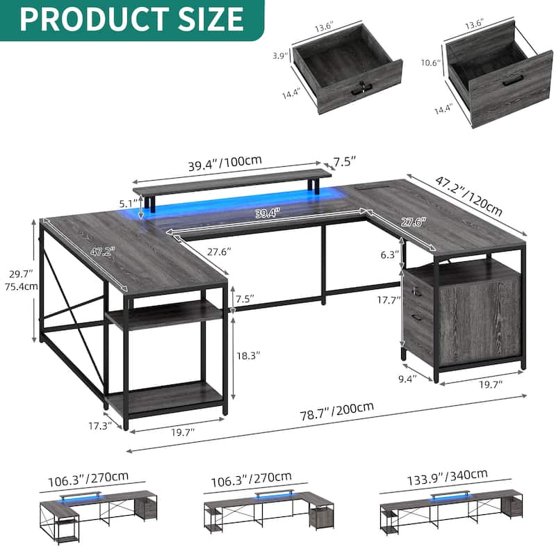 Moasis U-Shaped L-Shaped LED Computer Desk Reversible Corner Home Office Gaming Desk with Power Outlets