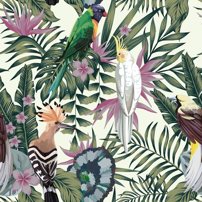 Exotic Birds Removable Wallpaper - 10'ft H x 24''inch W - 10'ft H x 24''inch W - Green