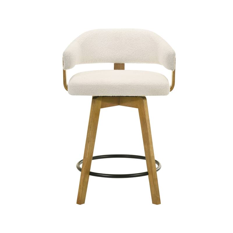 Callah Natural Wood Bar Stool, Counter Height Kitchen Stool in Amber Glow Finish with White Boucle Fabric Upholstered Seat
