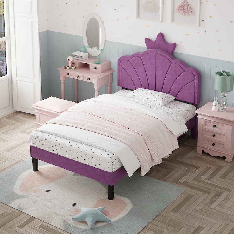 Javlergo Twin Size Platform Bed Frame with Crown Headboard Adjustable Height Upholstered Princess Bed for Kids