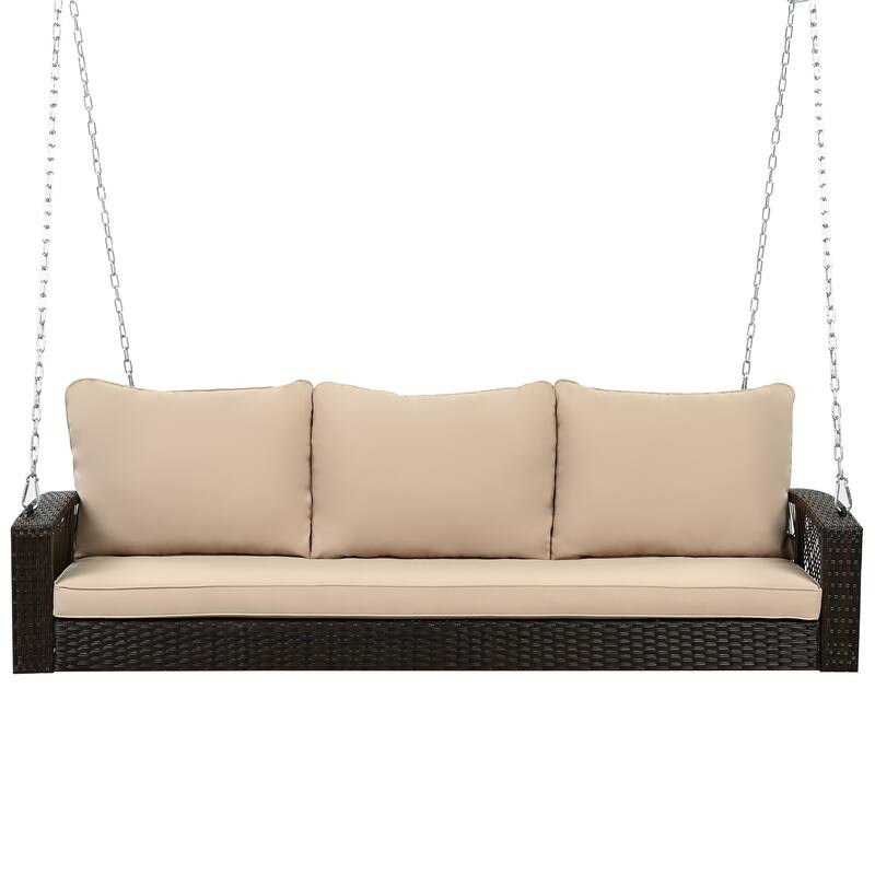 3-Person PE Wicker Porch Swing with Cushions and Chains