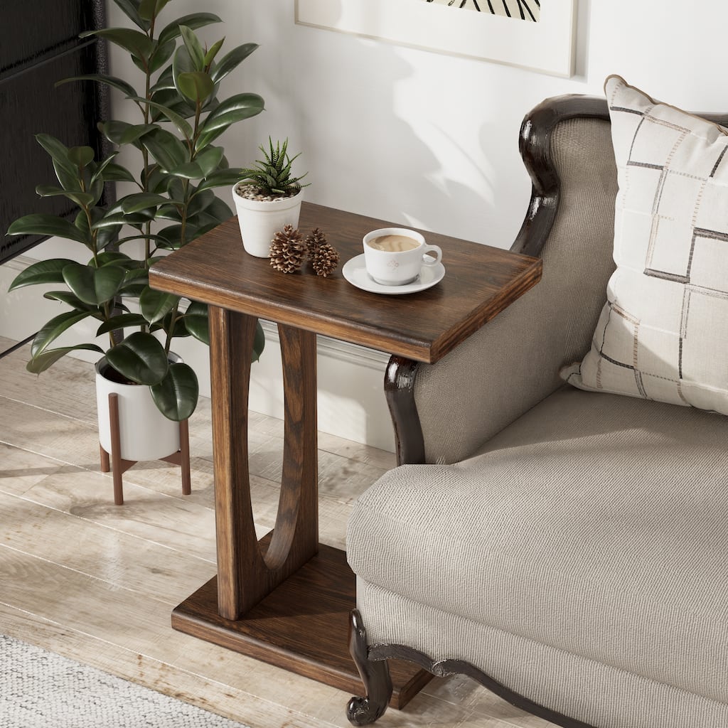 COZAYH Rustic C-Shaped End Table, Compact Snack Couch Side Table with Wooden Frame, Warm Brown Wood Finish
