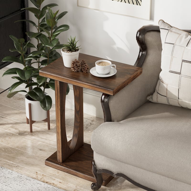 COZAYH Rustic C-Shaped End Table, Compact Snack Couch Side Table with Wooden Frame, Warm Brown Wood Finish - Brown