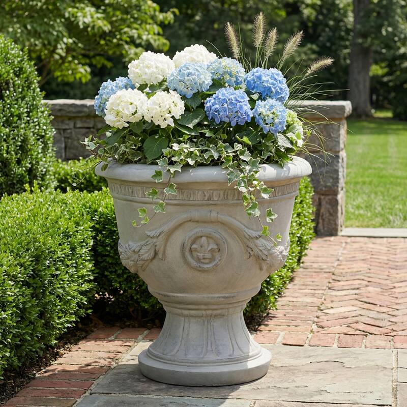 Christopher Knight Home - Classical 16.14"H Outdoor Pedestal Urn Planter with Heraldic Carved Design - Gray