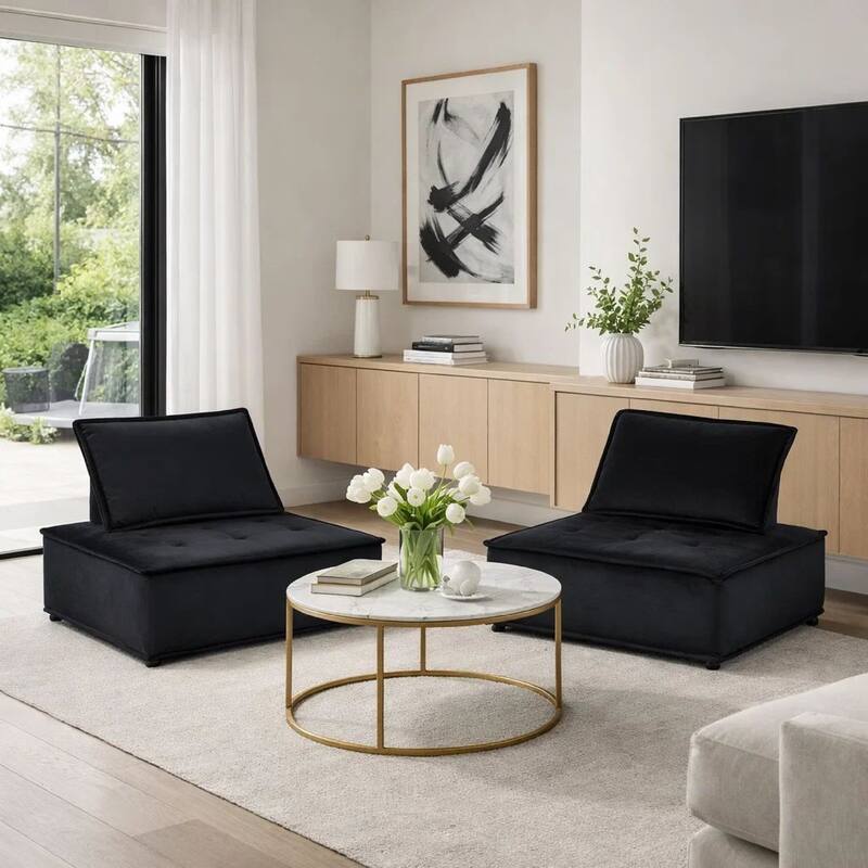 Nob 40 Inch Armless Lounge Chair, Set of 2, Tufted Seats, Black Velvet