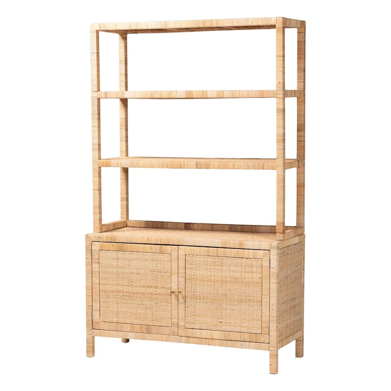 Mortis Natural Rattan Open-Shelf Storage Cabinet - 4-Tier Display Shelf with Double Door Base, Coastal Boho Wicker Bookcase - Natural Brown