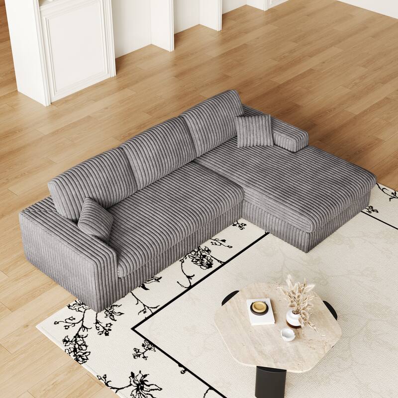 L-Shaped Sectional Sofa with Chaise Lounge, Corduroy Modular Foam Sofa, Upholstered Sofa with 2 Cushion & 2 Throw Pillows