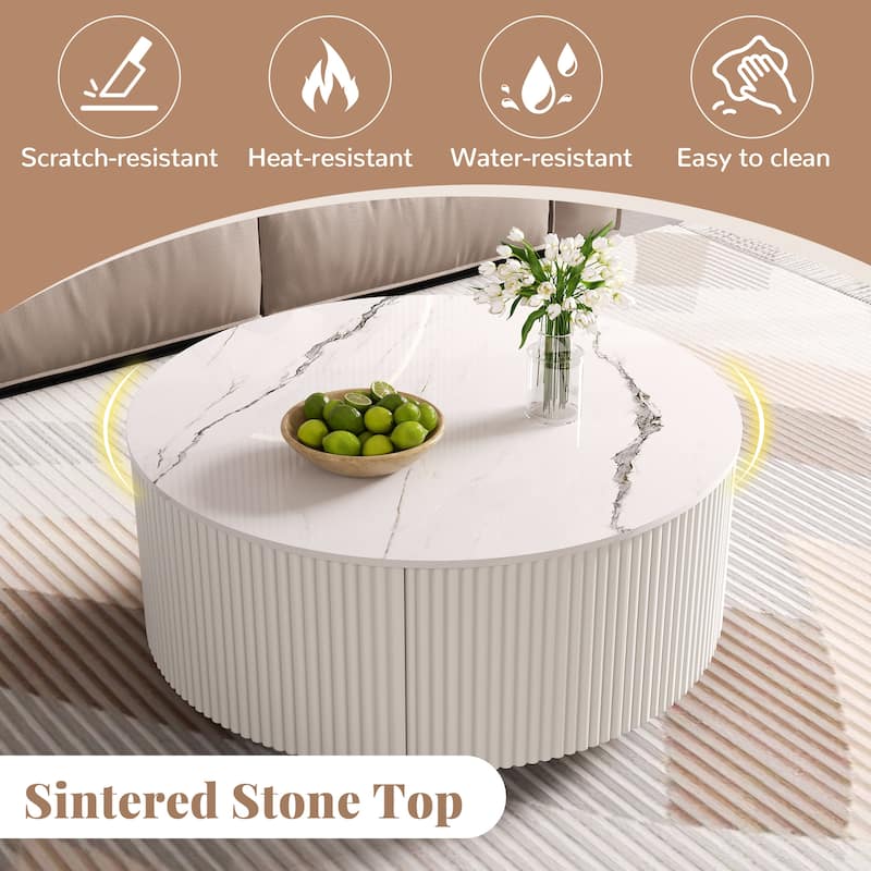 Modern Round Coffee Table with Casters, 2-Drawer Mobile Table with Marble Pattern Sintered Stone Top