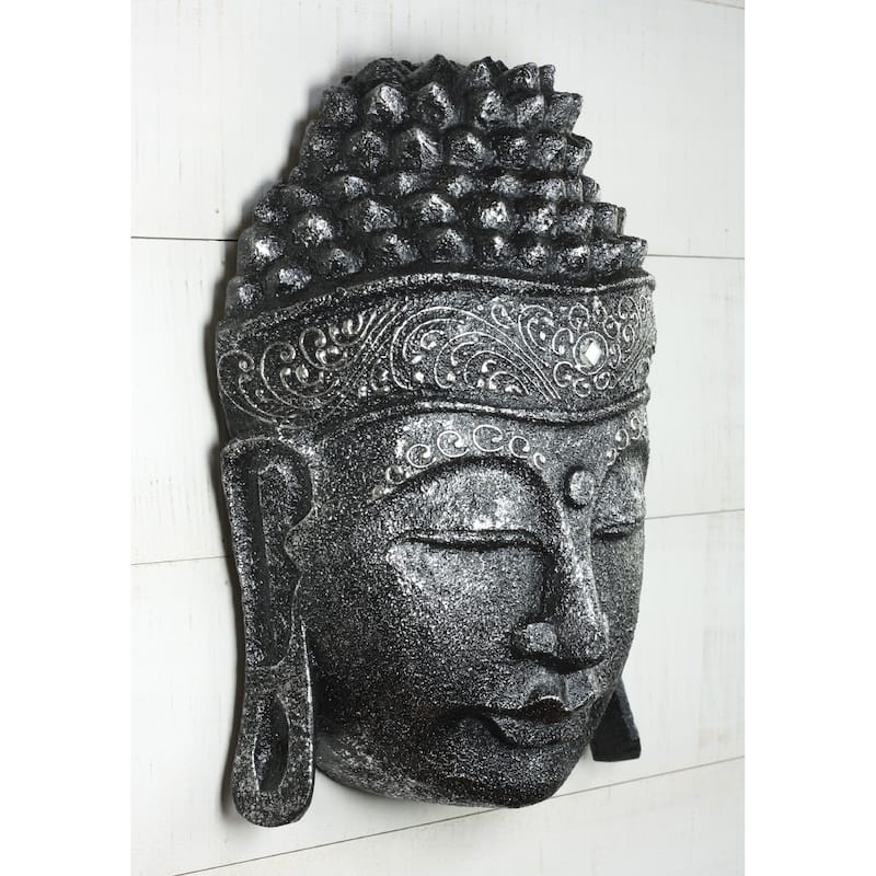 12" Wooden Wall Mask Serene Silver Buddha Head Statue Hand Carved Sculpture Handmade Figurine Gift Home Décor