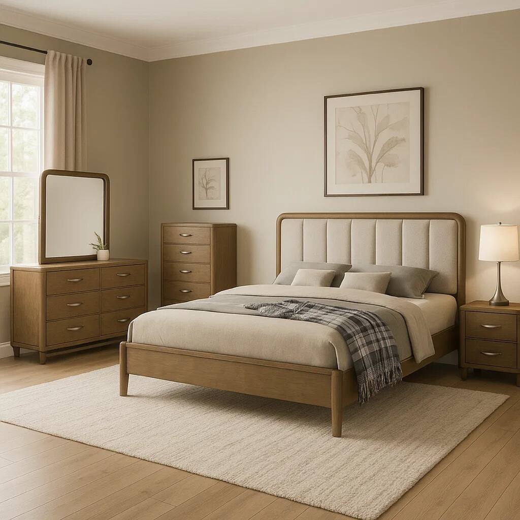 Deon 5 Piece Queen Bedroom Set, Upholstered Headboard, Brown Hardwood