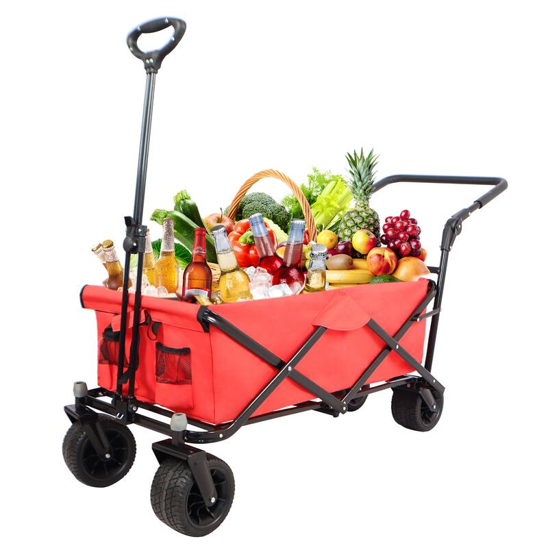 Folding Wagon with All-Terrain Wheels, 230lbs Capacity, Telescoping Handle, and Dust Cover for Beach, Outdoor, and Garden Use - Red