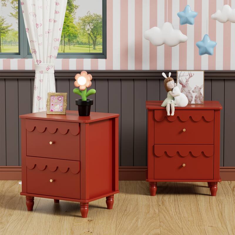 2 Drawers Nightstand Curved Design Cloud Bedside Table - 2PCS-Red