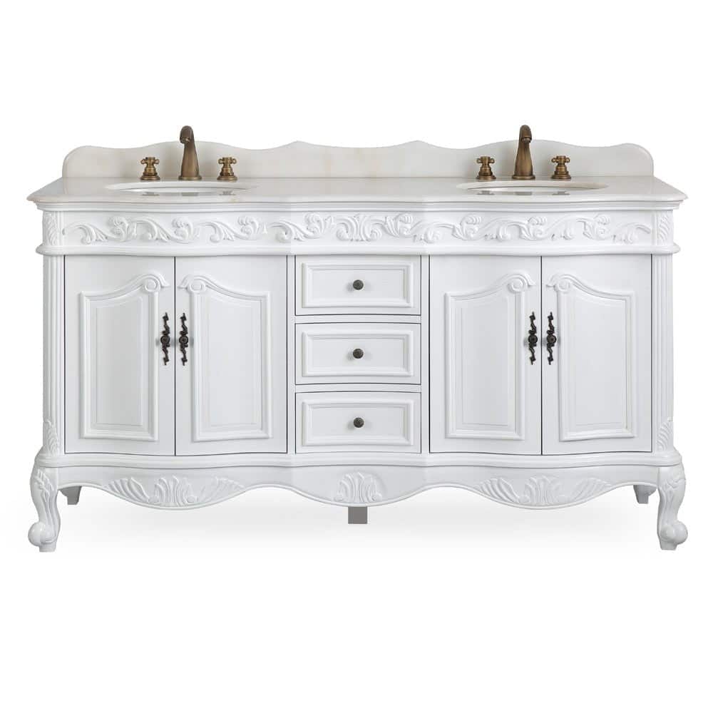 Benton Collection 64 Inch Antique White Traditional Style Double Sink White Top Beckham Bathroom Vanity - 64 inch