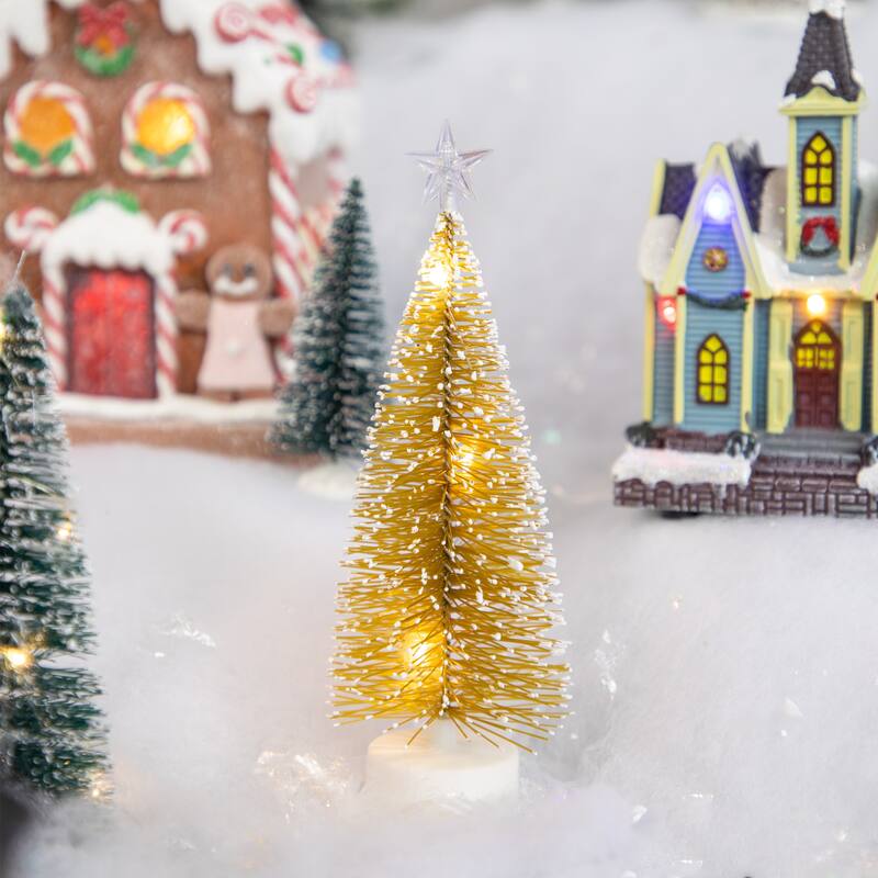Set of 2 LED Pre-Lit Mini Bottle Brush Pine Christmas Village Trees - 7"