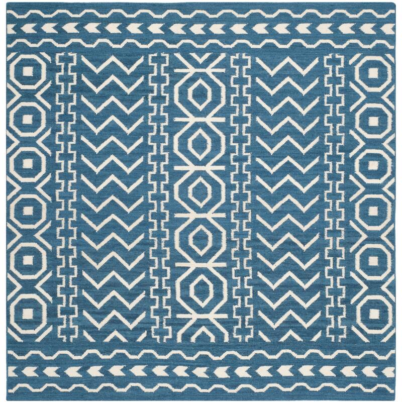 SAFAVIEH Handmade Flatweave Dhurries Krustina Modern Wool Rug - 6' Square - Dark Blue/Ivory