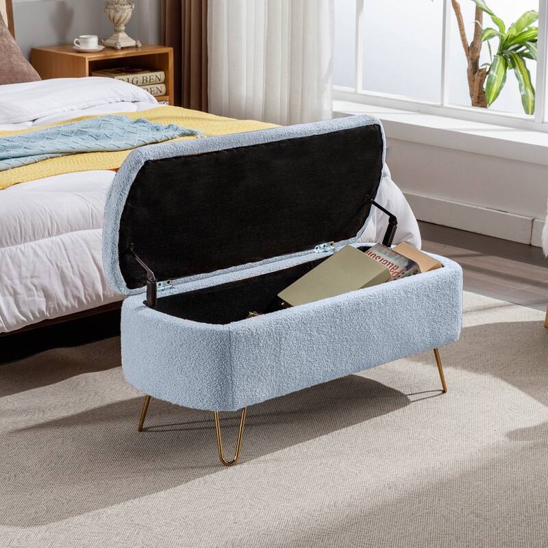 Modern Faux Fur Storage Bench with Gold Legs, Upholstered Ottoman for Living Room and Bedroom