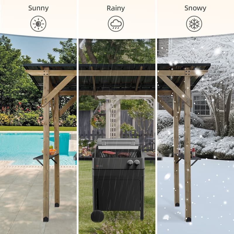 Aoodor 8' x 5' Wooden Grill Gazebo, Outdoor Hardtop Gazebo with Sloping Metal Roof and 2 Side Shelves
