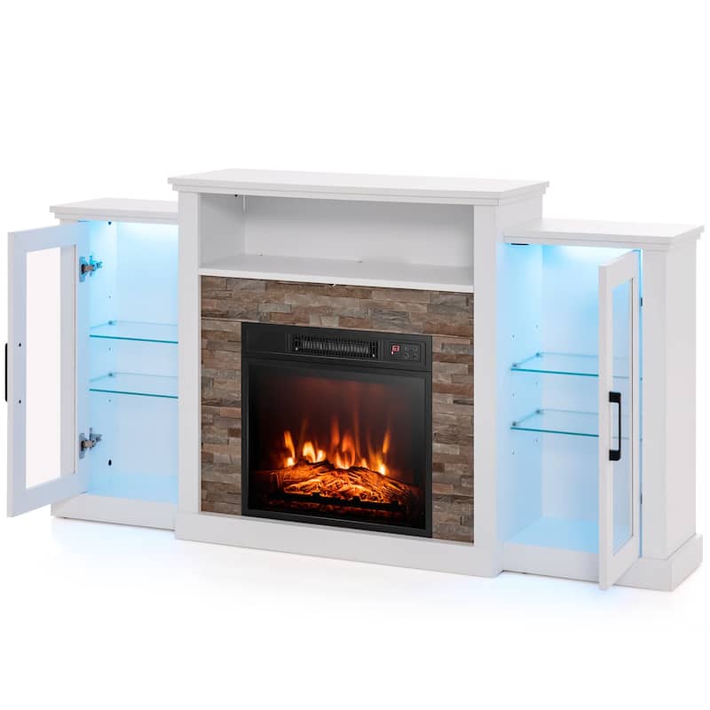 Electric Fireplace TV Stand with 16-Color LED Lights and Adjustable Glass Shelves for Living Room - 59" x 10" x 32.5" - White