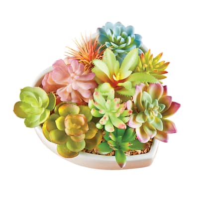 Artificial Succulent Arrangement in White Ceramic Heart-Shaped Pot - 7.5 x 5.5 x 6