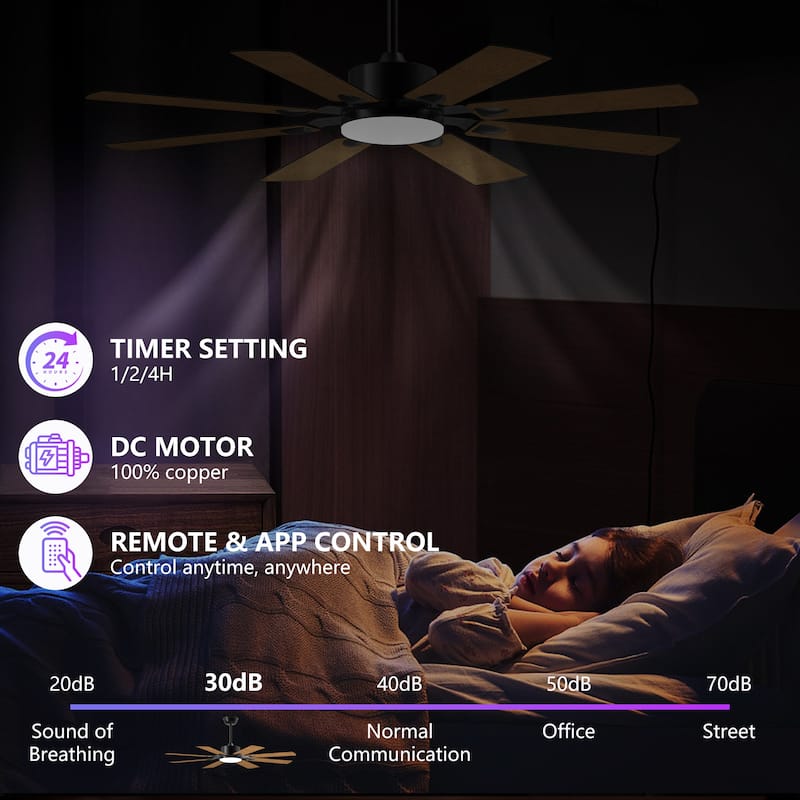52 Inch Ceiling Fan with Lights and Remote Control, 8 Plywood Blades, 6-Speed Noiseless Reversible DC Motor